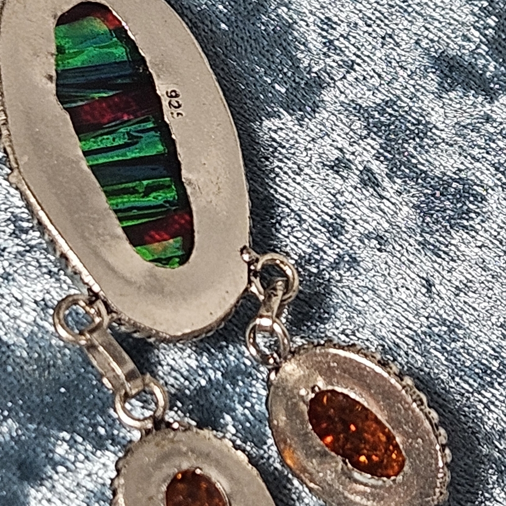 925 Silver Amber And Rainbow Calcite Necklace - Picture 6 of 7